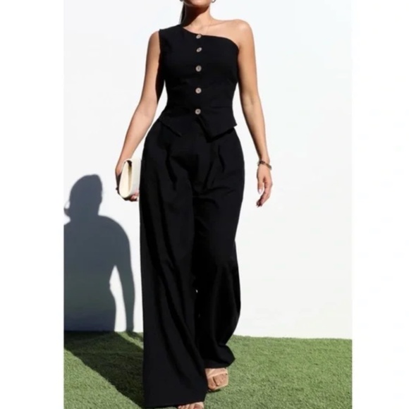 100% Cotton Black One Shoulder 2-Piece Pant Suite Size Large, NWT - Picture 3 of 4